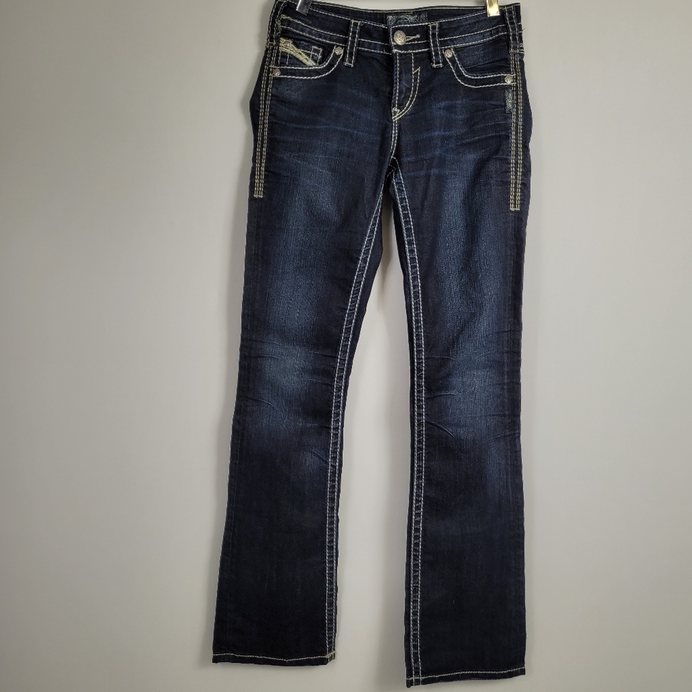Silver Jeans Dark Indigo Bootcut Jeans with White Stitching